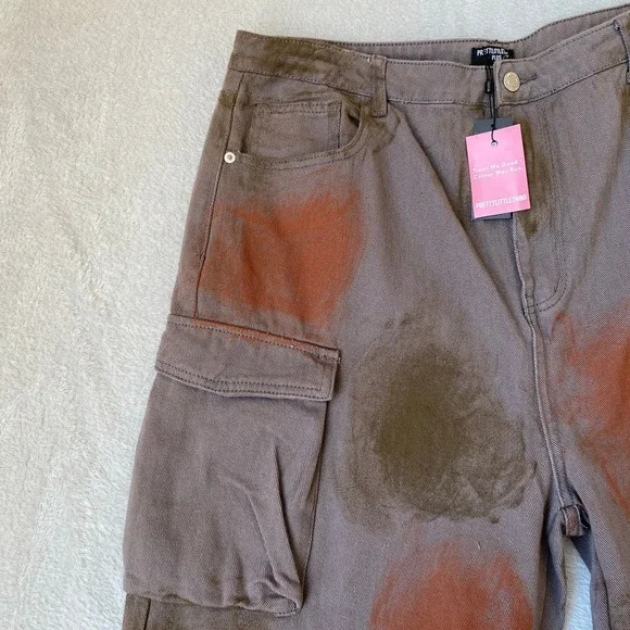 Pretty Little Thing Wide Leg Cargo Jeans Women Size 14 Brown Grunge Baggy NWT - Picture 5 of 8